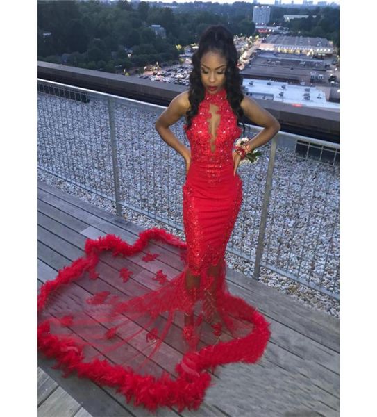 Sexy rote Feder Meerjungfrau Prom Kleider Plus Größe Vintage Spitzenpaillettenbett afrikanische arabische Mädchen Kleider Abend Partykleider8534907