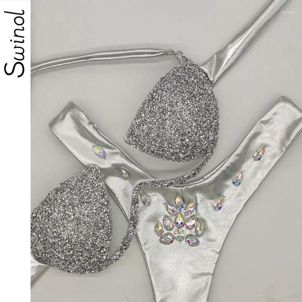 Menas de banho feminina Swinol Rhinestone Biquíni Conjunto Bling Stones Toote de banho de boa qualidade Terno de banho de luxo Sexy Push Up Beachwear