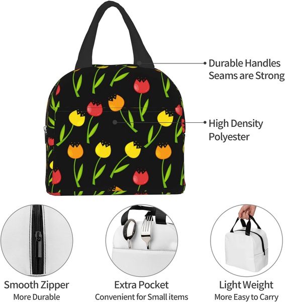 TuLip Flower Lunch Saco de Tulipa Amarelo Trabalho de viagem Bento Cooler Reutiliza Caixas de piqueniques Isolados Bolsas de contêineres para adultos meninos meninas