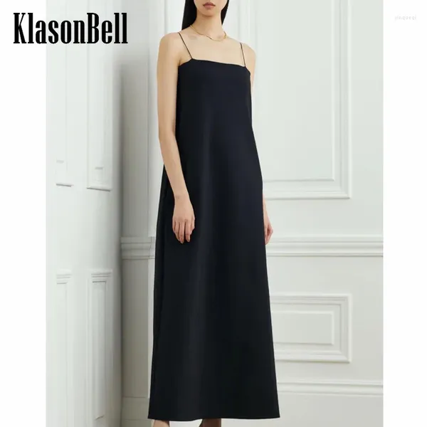 Lässige Kleider 3,1 Klasonbell Einfache sexy Spaghetti-Gurt Slash-Hals Straight Temperament Schwarze A-Linie Maxi Kleid für Frauen Kleidung