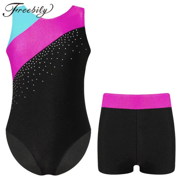 Shorts Girls Girls Gymnastics tute senza maniche bovine di pattinaggio con pantaloncini da ballo set adolescenti esercitati da balletto tutu body