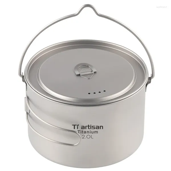 Canecas Tiartisan 2000ml Outdoor Titanium Pot Water Copo Campo de mesa de mesa Piquennic pendurado com alça de tampa