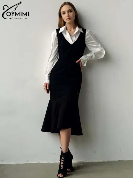 Vestidos de trabalho oymimi elegantes conjuntos finos para mulheres 2 peças moda moda de manga comprida camisas de lapela e vestido de fenda lateral de decote em V preto