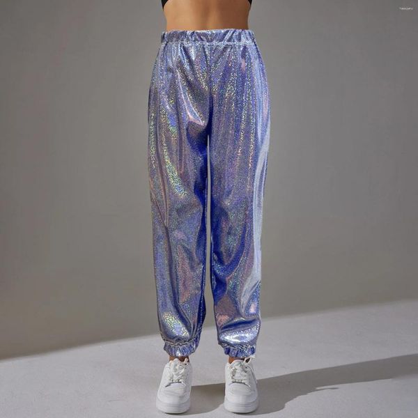 Kadın Pantolon Kadın Metalik Parlak Pullu Karnaval Performans Kostümleri Glitter High Street Hip Hop Dans Sokak Giyim Y2K Giysileri