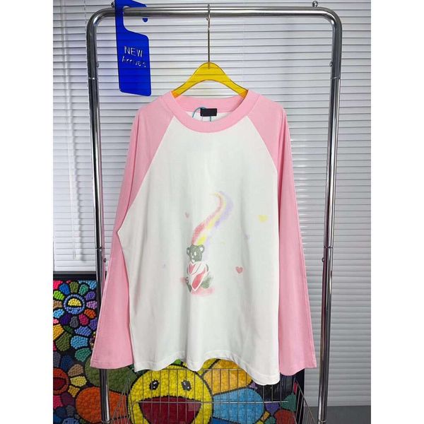 Kadın Hoodies Sweatshirts 23SS Sonbahar Gökkuşağı Ayı Baskı Paneli Raglan Sleeve Kontrast Gevşek Uzun Kollu T-Shirt Unisex Instagram