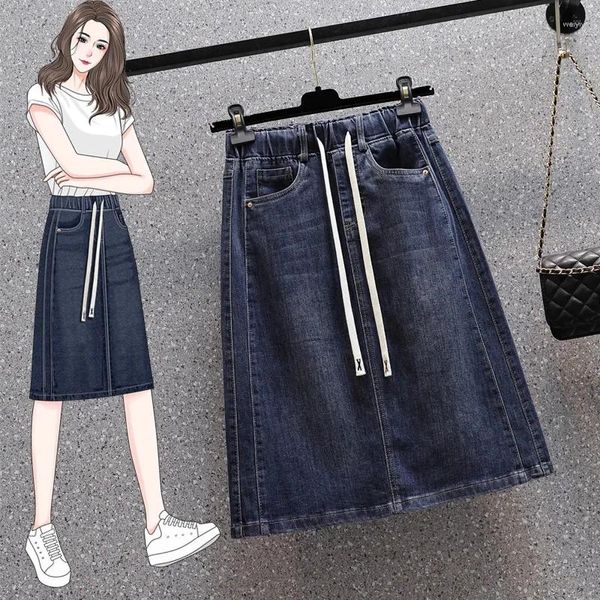 Saias de renda para cima Split jeans mulher elástica cintura alongamento uma linha solteira de retalhos casuais clássicos da saia do joelho feminino de mujer