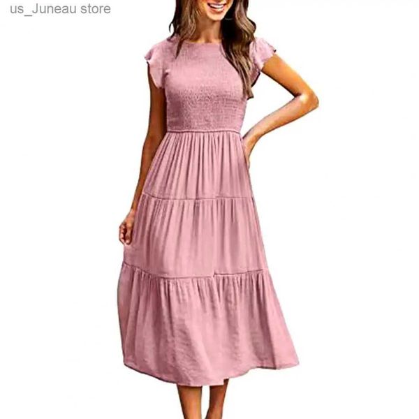 Vestidos sexy urbanos Mulheres Vestido Midi Midi A-line Patchwork de bainha solta SLVS curtos de cor sólida Roul redonda pescoço midden Comprimento elástico plissado B 1 T240415