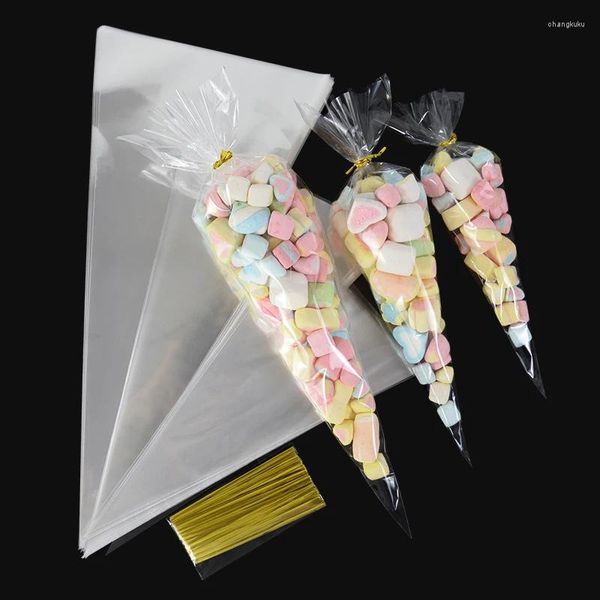 Geschenkverpackung 50pcs Clear Cone Candy Bags Food Snack Verpackung Plastiktüte mit Krawatten Hochzeits Geburtstagsfeier Bevorzugt Dekoration DIY