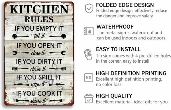 Küchenregeln Zinnschild Lustiges Zitat Metallschilder Vintage Küchenwanddekor für Home Bar Cafe 8x12 Zoll