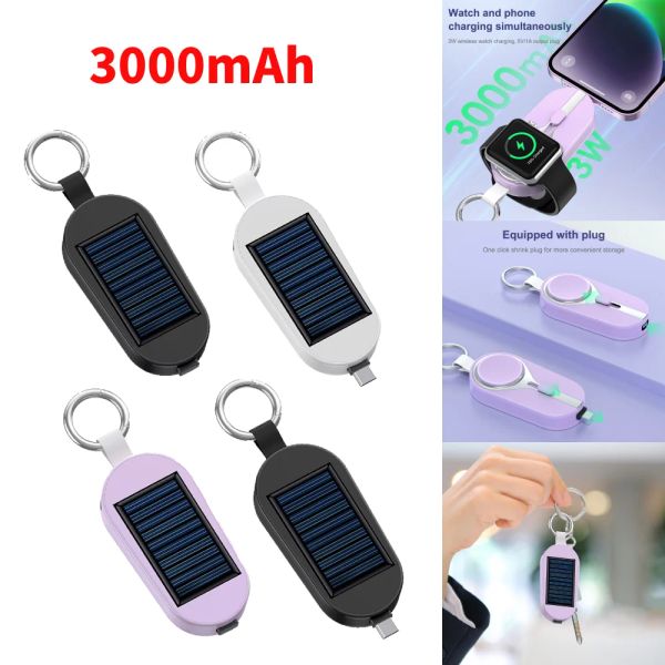 Keychains 3000MAH Mini Wireless Solar Power Bank Tragbare schnelle Ladeleistung Batterie Ladegerät Schlüsselbund -Port für iPhone Typ C