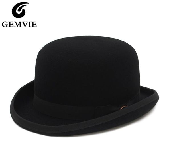 Gemvie 4 cores 100 lã Felt Derby Bowler Hat for Men Women Satin Fashion Party Fedora Fedora Costume Magician Hat 2205077674534