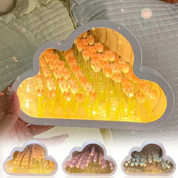 Dekorative Figuren DIY Wolken Tulpe Nachtlicht handgefertigte LED -Spiegel Lampe Home Desktop Dekoration 2 in1 Tulpen Blumen für Kinder Mädchen