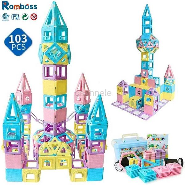 Bloco Romboss 103pcs Blocos de construção de telhas magnéticas Definir Macaron Color Montessori Magnetic Construction Toys Educacional Presente de Natal 240412