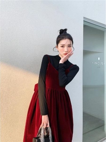 Vestidos casuais korobov vinho de veludo vermelho sem costas Vestido de arco de volta Mulheres temperamento doce y2k moda coreana vestidos para mujer