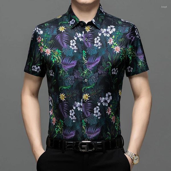 Camisas casuais masculinas Mulberry Silk Blend Premium para homens de mangas curtas Qualidade de verão Smooth Smooth Floral Print Camisas de Hombre