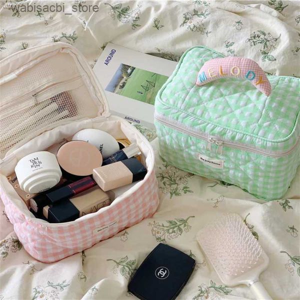 Sacchetti cosmetici Nuovi cosmetici Borsa di stoccaggio Korean Ins Borse per trucco a quadri Grande capacità giapponese Baglie di lavaggio portatile in stile carino L49