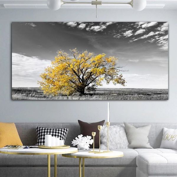 Pintura de decoração da casa de árvore amarela impressa em lonvas imagens de arte de parede para pôsteres de paisagem e impressões da sala de estar Cuadros2937
