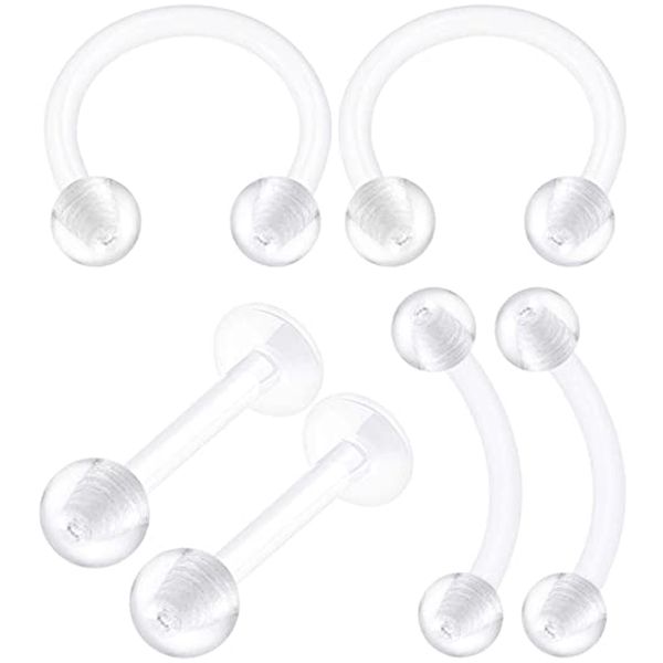 WKOUD 6PCS Bioplastische klare Hufeisen -Piercing 16 Gauge Ball Augenbrauenlabret Ohrringe Knorpelschmuck Siehe mehr Größen