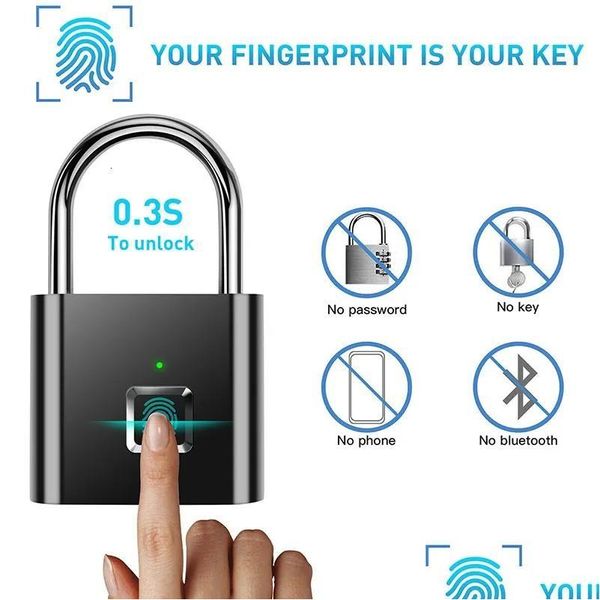 Türschlösser schwarzer Sier USB wiederaufladbares Smart Lock Fingerabdruck Vorhängeschloss Quick Dissper