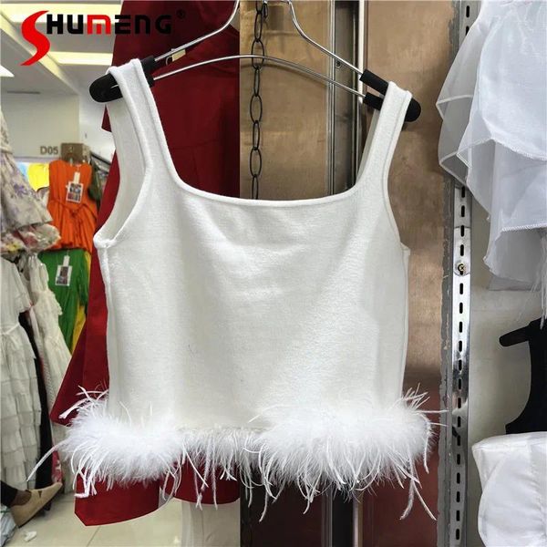 Frauen Tanks Girl sexy peinstimmig gestrickte Strauß Haarweste 2024 Frühlings Sommer Feste Farbe Schlankes Fit Kurzer Westen