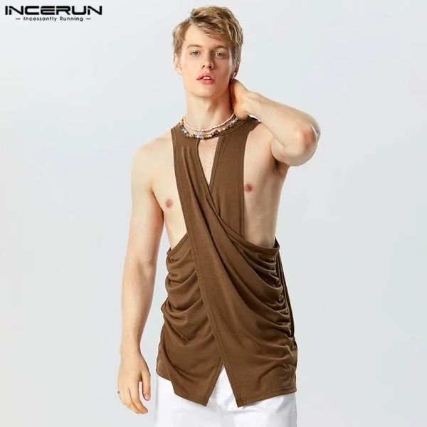 Incerun Tops 2023 American Style New Men Personaly Symmetric Design Cross Tops Casual Party Hot Sale Solid Vests S-5XL