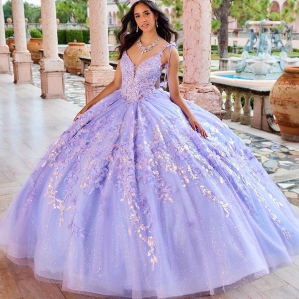 Lavendel glänzender Quinceanera Kleid 2024 Mexikanische Vestidos de 15 Prinzessin Süße 16 Geburtstag XV Ballkleid Aschenputtel Mädchen Kleid