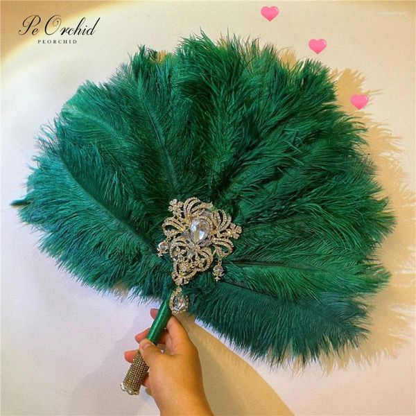 Hochzeitsblumen Peorchid Crystal Bridal Fan Bouquet Alternative grüne Feder Gatsby 1902s Hand brüllende Gold Brosche Blumensträuße