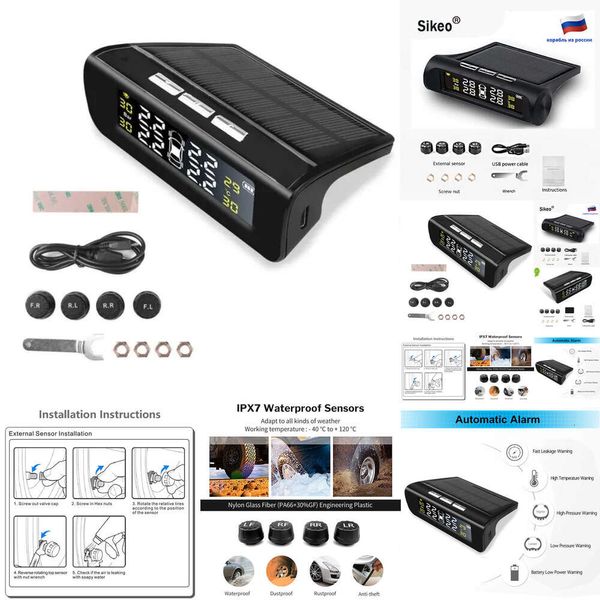 Novo sistema de monitoramento de carros inteligentes Sistema de monitoramento de energia solar digital TMPS LCD Display USB Segurança automática Sensor de pressão do pneu do alarme