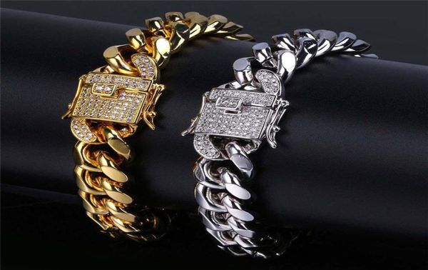Классический золотой браслет дизайнер кубинских звеного сети мужской браслет серебряные браслеты. Ювелирные изделия 12 мм медные белые ааа -кубические циркониевые очарование 2764581