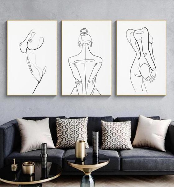 Corpo de mulher desenho de uma linha Pintura abstrata feminina figura arte impressa nórdica minimalista pôster quarto decoração de parede pintura8041724