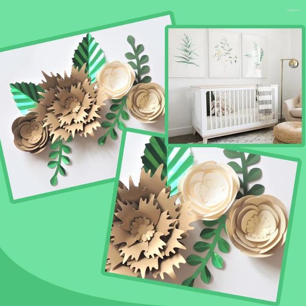 Dekorative Blumen handgefertigtes goldenes Rose DIY Papier grüne Blätter für Hochzeitsveranstaltungen Hintergrund Dekorationen Kinderzimmer Wand Deco Video Tutorials