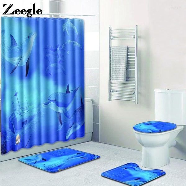 Badmatten Ozeanstil Matte und Duschvorhang im Badezimmer nicht überrutschen Toiletten Teppich Sitzkissen mit waschbarem Foor Teppich