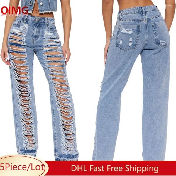 Frauen Jeans 5 Großhandel zerrissene Denimhose Frauen Herbst Winter hohe Taille gerade gewaschene Löcher blaue lange Hosen Kleidung 10197