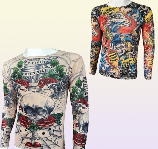 Moda Men039s Tattoo Fake Tshirts de manga comprida elástica modal fino em toda a impressão Oneck Tattoo Shirts Halloween Roupas Larg2907514