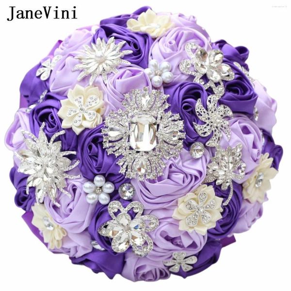 Fiori del matrimonio Janevini Bling Crystal Gioielli Bridal Flower Bouquet Luxury Purple Satin Roses Parl Bridesmaid Bride Novia 2024