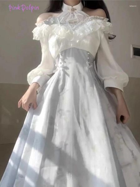 Lässige Kleider 2024 Sommer Lolita Style Spitze von Schulter weißer Abend Frauen Märchen-Chiffon Prinzessin Slim A-Line-Kleid