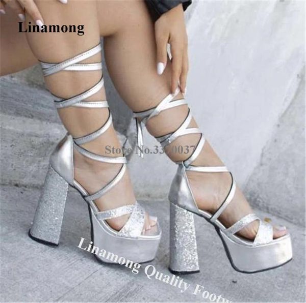 Отсуть туфли Linamong Shining Silver Patchwork Gliiters Crondgy Sandals Bess Cross High Platform Searned Wedding Heals