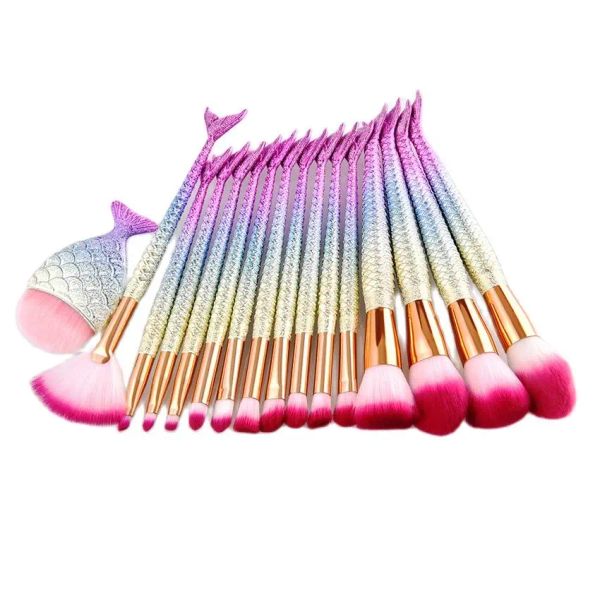 Kits Saianth 15 16pcs Meerjungfrau Fischschwanz Matte Gradientenfarbe Make -up Pinsel Set Blau Pink Lüfter Form Chubby Fish Cosmetic Tool Schönheit