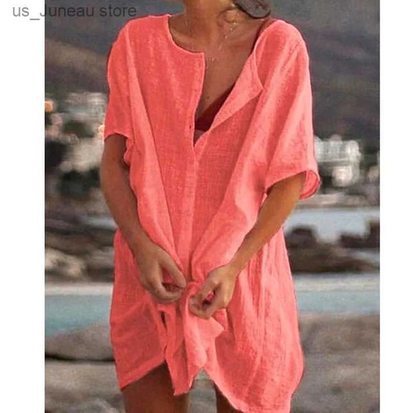 Vestidos casuais básicos Qisin Hot 2023 Cotton Tunics for Beach Women Swimsuits Concobres de roupas de banho Woman Swimwear Praia Up Beachwear Mini Dress Sai de Praia 1 T240415