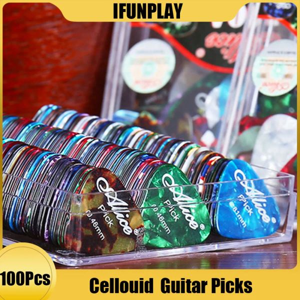 Cabos 100pcs Alice Cellouid ABS Picks de guitarra acústica Picks de guitarra de guitarra Acessório de guitarra 0.46/0,71/0,81mm Multi Color