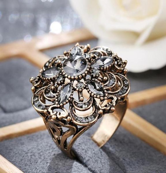 Cluster Rings Kinel Luxury Grey Crystal Flower Vintage Wedding для женщин Boho Punk Turkish Jewellery Bague Femme 202125429726035415