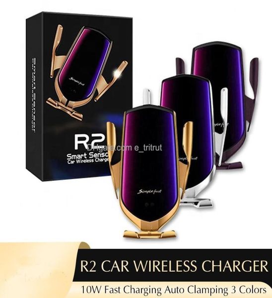 R2 Smart Wireless Hoarder Holder Induction Car Mount 10W Зарядка Телефон Автоматический зажим для Samsung Galaxy S20 Note и iPhone 12 XR8024053