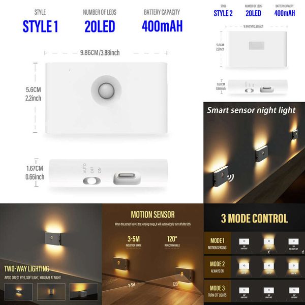 Nuovo sensore di movimento della luce notturna di induzione intelligente Tipo C di ricarica wireless a LED LED LED per mobile corridoio per camera da letto