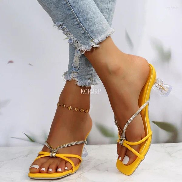 Slippers Comemore Clear High Heels Sandals Summer Women Sapatos casuais Tamanho 43 Rhinestone Fashion feminino Federal Banda estreita