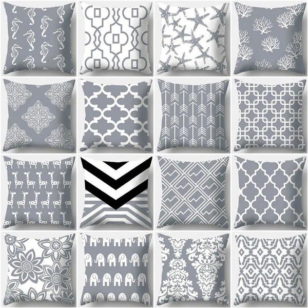 Travesseiro cinza lombar geometria folhas listras florais xadrez tais de sofá imprimor