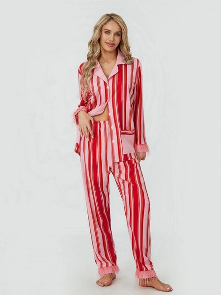 Ev Giyim Moda Kadınlar Pijama Seti Kürklü Patchwork Çizgili Uzun Kollu Düğme Kapanış Üstleri pantolon Sweetwear Loungewear S M L