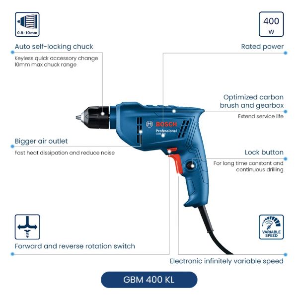 Bosch GBM400/400KL Mini broca elétrica e chave de broca rotativa para ferramentas de fenda Ferramentas de perfuração para madeira de aço de aço de aço de aço de metal de bloqueio automático