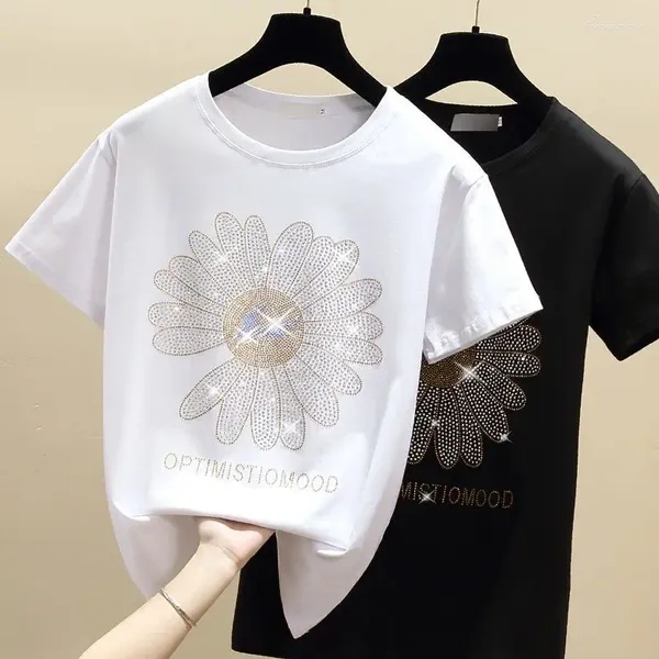 Женские футболки мода мода INS RINESTONE SHIP FUMIRT Женщины 2024 Лето маленькая ромашка с коротким рукавом солнце цветок хлопок