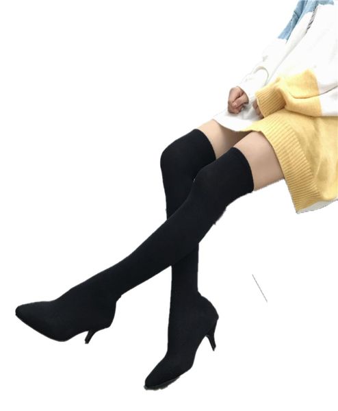 Scarpe calze per donne tacco da gattino solido su stivali ginocchisi stivali di pompa altissima scarpa da calzino per donne calzature invernali7817022