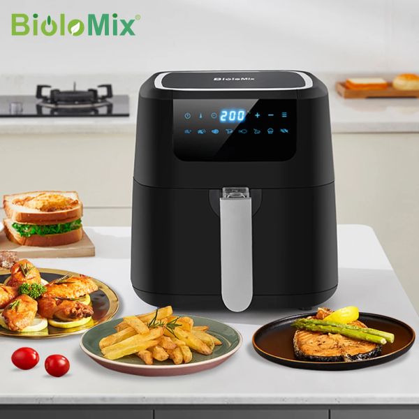 Fryers Biolomix Air Fryer One Touch Screen com 8 funções de cozinha, panela dupla antiaderente, 5L Black Oilless Air Fryers forno